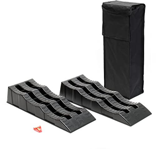XPOtool Auffahrkeile Wohnmobil 2 Stück 40/70/100 mm 3,5 t Auffahrkeile Set für Wohnwagen mit Tragetasche und Wasserwaage