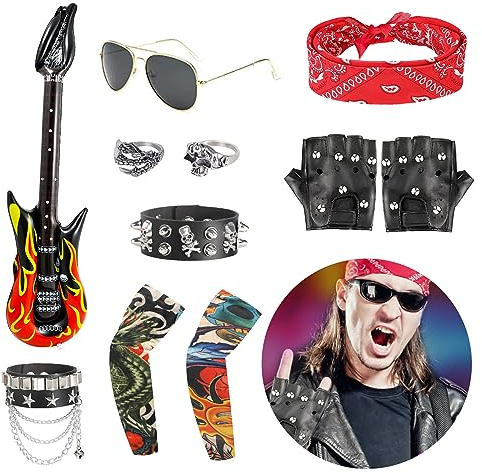 FASBET 11 Stück Rocker Kostüm 70er 80er 90er Rockstar Kostüm, Punker Kostüm Punk Mann Damen Disco Herren Party Kostüm Männer