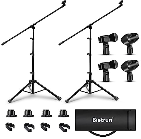 Microphone Stand 2 Pack, Bietrun Tripod Mic Stand Adjustable Boom Height, with Carry Bag & Mic Clips, Detachable Boom Mic Stand for Singing Performance Wedding Stage Church