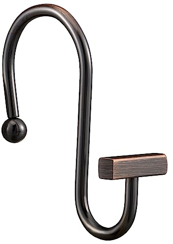 Bronze Shower Curtain Hooks, Rust Proof Shower Curtain Rings for Bathroom, CHICTIE Modern Metal Decorative Shower Hooks Hangers for Shower Curtain Rod, Square T Bar Shape Set of 12