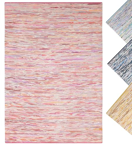MY-RUG Fleckerlteppich bunt 160 x 230 cm - Pink, handgewebt, recycelte Baumwolle als Flickenteppich gestreift und moderner Kelim Chindi Teppich Rajesh