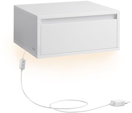 VASAGLE KAILYN Collezione - Comodino Pensile, Comodino Sospeso, Luce Regolabile, Cassetto, Mensola da Parete, 35 x 40 x 18 cm, Moderno, Camera da Letto Soggiorno, Bianco Nuvola LET654W01