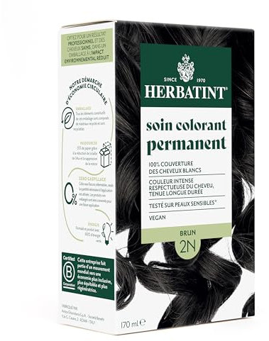 Herbatint Soin Colorant Permanent pour Cheveux 2N Brun - 170 ml | Sans Ammoniaque, 100% de Couverture des Cheveux Blancs | Testé Dermatologiquement pour Peaux Sensibles, avec 8 Extraits Végétaux Bio