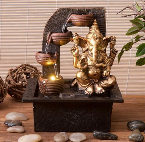Ganesha Tabletop Water Fountain with LED Light, Indoor Decorative Cascading Bowl Design, Bronze and Gold