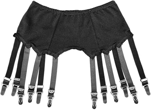 Luxallacki 12-Strap Solid Cloth Suspender Belt with Adjustable Metal Clasps for Hold-Up Stockings (Black,L)