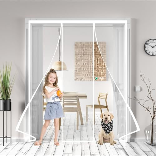 Moustiquaire Porte 235x220cm Fenetre Magnetique Griffes de Chat Sûr, Rideau Anti Insecte Mouche, Moustiquaire Baie Vitree Coulissante Magnétique, Rideaux Fenêtre Aimantée Sans Perçage Blanc