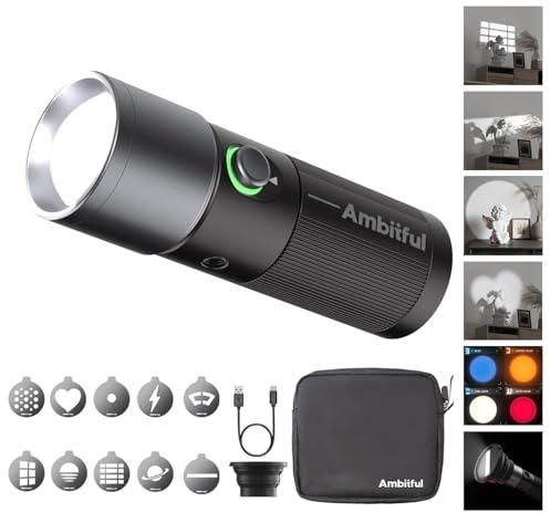 Ambitful Lampe de poche LED portable 4 couleurs, projecteur photo 20 gobos, alliage d'aluminium rechargeable 8400 mAh, vidéo, création de contenu