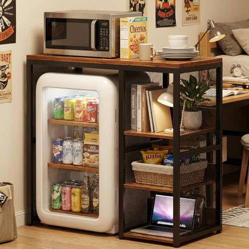 Homieasy Mini Fridge Stand with Power Outlet, Coffee Bar Cabinet with Mini Fridge Space, Industrial Liquor Cabinet with Wine Rack & Glass Holder for Dorm, Living Room, Home Kitchen, Rustic Brown