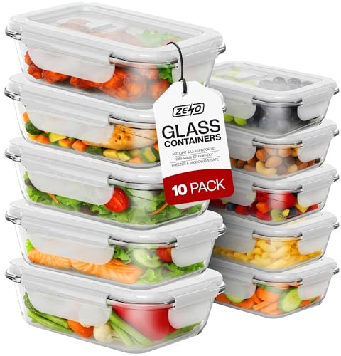ZENO Glass Containers with Lids 10 Pack | Meal Prep Containers | Glass Food Container with Lid, Airtight Seal, Leakproof Lid | Dishwasher Safe | Freezer & Microwave Safe | 5 X 1050ml + 5 X 370ml