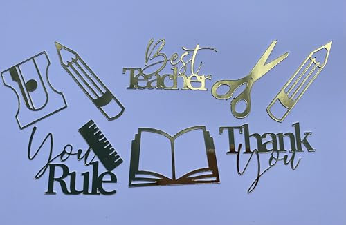 Teacher thank you cupcake toppers, Gold Mirror Cupcake Toppers Set. Best teacher, You Rule, Thank You Cupcake Decorations, 7 Pieces Set