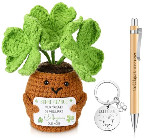 Hicarer Cadeau Plante Porte-Bonheur Cadeau Collègues de Travail Femme Anniversaire Trèfle à Quatre Feuilles Crochet Feuilles Porte-Clés Stylo à Bille en Bois pour Femme, Amie, Copine(COLLÈGUE AU top)