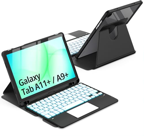 CACOE Funda con Teclado Giratorio 360° para Samsung Galaxy Tab A11 Plus/A9 Plus 11 Pulgadas 2025/2023 con Panel Táctil, Retroiluminación de 7 Colores, Teclado Inalámbrico Extraíble con Soporte, Negro