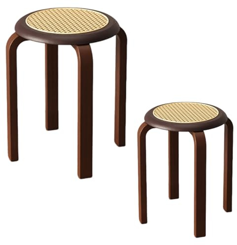 JS Ellie Juego de taburetes Redondos Retro, apilables y almacenables, Estructura de Madera Maciza y Material de ratán, Estable y con Capacidad de Carga de 300 kg A 2-Piece Set