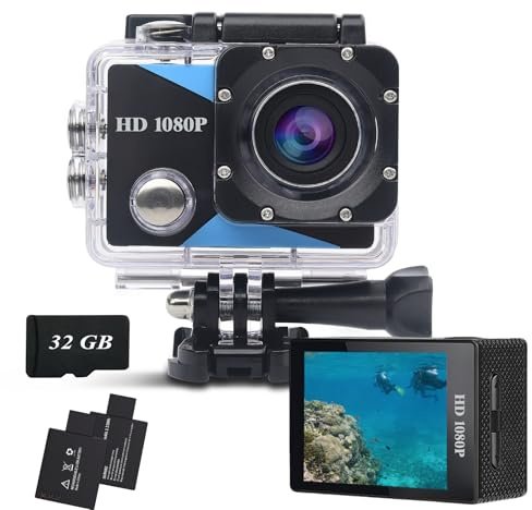 Nvgfelis Action Cam 1080P con Scheda di Memoria da 32GB, Fotocamera Subacquea impermeabile 98FT/30M, Sports Cam con 2 Batterie Ricaricabili e Kit Accessori