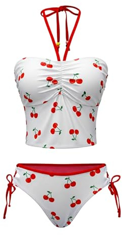 ZAFUL Cherry Women's Tankini Swimsuits Y2k Swim Suit Trendy Side Tie 2 Piece Bikini Set Halter Ruched Bathing Suit Retro Summer Top Cherry Cream M