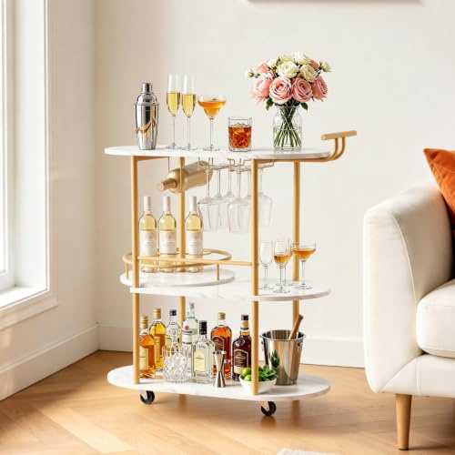VEVOR Bar Cart, 3 Tiers Home Kitchen Serving Carts, Modern Round Rolling Utility Station on Wheels, Mobile Drink Beverage Trolley w/Wooden Shelf, Wine Rack, Glass Holder, for Living Dining Room, Gold
