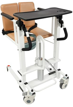 Fauteuil de transfert hydraulique pour patient, hauteur réglable 44-64 cm, jusqu'à 100 kg, fauteuil roulant avec 4 roues de frein, ceinture de sécurité, poignées rembourrées, pot de nuit amovible avec