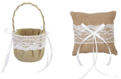 VINTORKY Cojín para Alianzas de Boda Rústico de Arpillera y Encaje con Cesta de Flores para Portador de Anillos Ceremonias Campestres