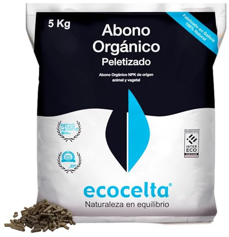 ECOCELTA | Abono Orgánico Peletizado 5 KG | Fertilizante Natural para Huertos Urbanos, Frutales y Césped | Certificado Ecológico Intereco | Alto Rendimiento y Fácil Aplicación