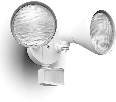 LUTEC Foco de 180 grados con 2 cabezales activados por movimiento, halógeno de 300 W, activado por movimiento, reflector integrado de doble cabezal para exteriores, impermeable, luz de pared de