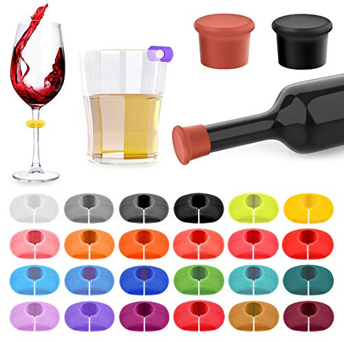 Lot de 26 breloques pour verre à vin avec bouchon de bouteille, marqueurs en silicone pour bar, fête, martinis, cocktail, tige de champagne Gl, Verre