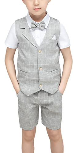 HONGBI Boys' Grey Plaid Page Boy Suit Set - 2-13 Years, Regular Fit, Sleeveless, 2 Pockets, Machine Washable, Perfect for Birthdays, Weddings, Proms & More