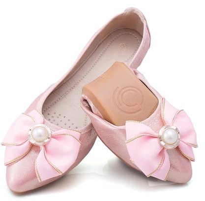 Pink Women's Foldable Ballet Flats Casual Rhinestone Sparkly Wedding Ballerina Shoe Comfort Slip on Flat Shoes Size 5.5