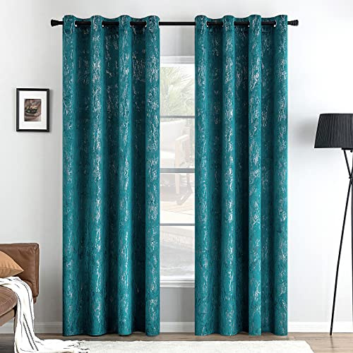 MIULEE Tende velluto stampa foglie dorate passanti 2pz L140xA175 Blu-Verde