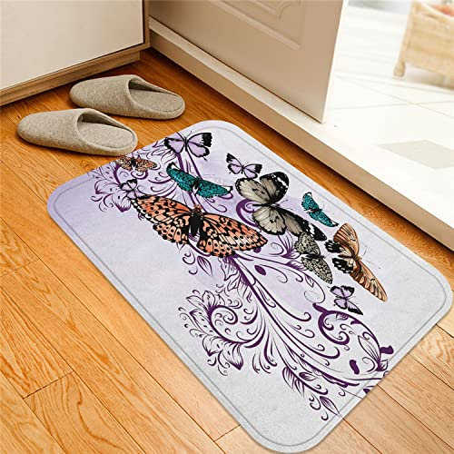 ESVET Badematte rutschfest Teppich,Schmetterlings-Monarchschmetterlings-Vintager Damast-inspirierter Entwurfs-Pflaumen-Weiß,Badezimmer Set Matte rutschfest WC-Vorleger 40 x 60 cm