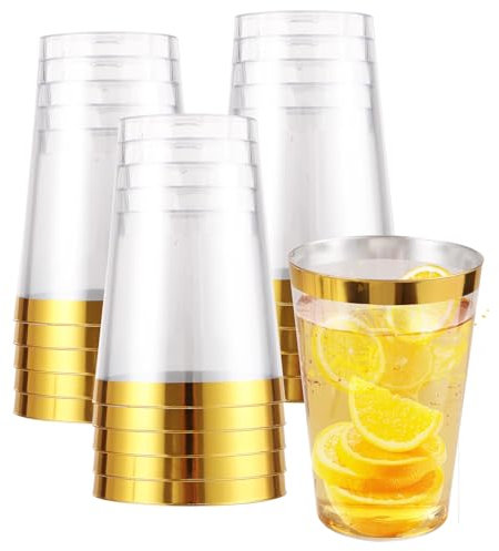 STARVAST 75 Stück Plastikbecher mit Goldrand, 360ml/12oz Becher aus Kunststoff Wiederverwendbare Trinkbecher Weingläser mit goldem Rand für Champagner Bier Cocktail Martini Soda Dessert