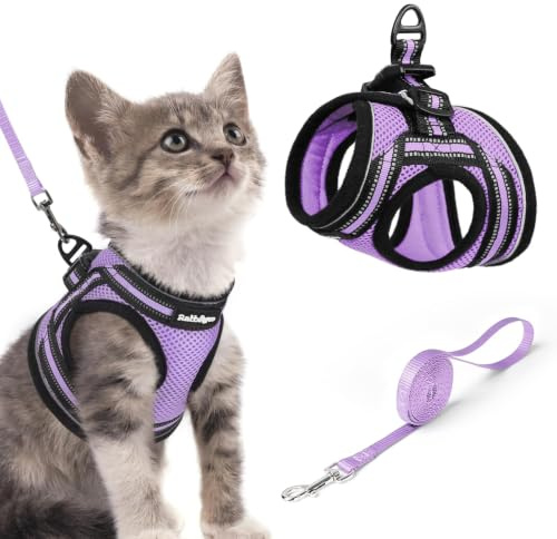 rabbitgoo Pettorina Gatto Antifuga, Guinzaglio Gatti Regolabile, Imbracatura Ultra-Leggero Morbido Riflettente per Cucciolo, Gattini e Gatto Piccolo, Pettorina per Passeggio e Corsa, S, Viola Chiaro