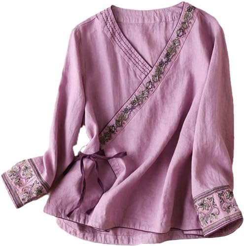 DSAoTeng Camisa tradicional para mujer, blusa vintage china de manga larga, traje de Hanfu Tang, ropa zen bordada, Morado (, S