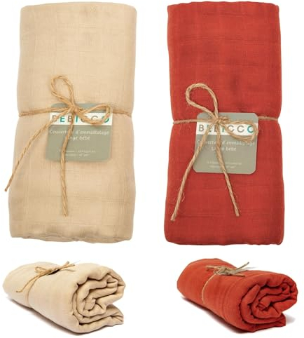 BEBICCO - 2 Stück Babywindeln, 120 x 120 cm, aus Bio-Baumwolle & Bambus, Puckdecke: weich, leicht, atmungsaktiv, vielseitig, ideal als Geschenk (Himmelblau – Rot, 120 x 120 cm)