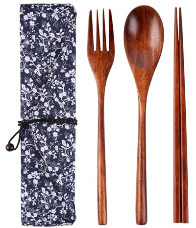 SwirlColor Set di Posate in Legno, 3PZ Riutilizzabile Stile Giapponese Bacchette di Legno Forchetta e Cucchiaio Portable Tovaglia Kit con Caso per Campeggio Pinic Travel Work