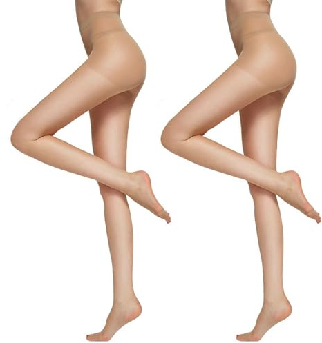 DRESHOW 2 Paires Femmes Transparent Haut Taille Collants 20D Collants avec Contrôle Haut et Renforcé Orteils