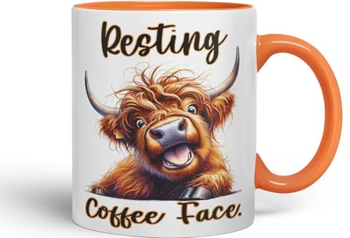 Vixar Resting Coffee Face Cow Highland Joke Sarkasm Sarcastic - Taza de cerámica de colores para té, café, preparación caliente, 330 ml, regalo (naranja)