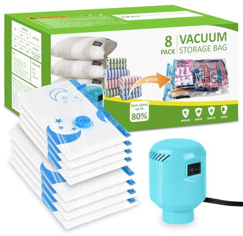 SZO Vacuum Storage Bags for Clothes with Electric Pump, 8-Pack(4 Jumbo, 4 Large), Vacuum Bags for Duvets, Mattresses, Blankets, Comforters, Pillows, Bedding, Travel, Moving, Space Saver Bags 80%