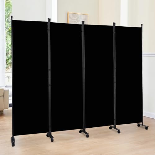Room Divider 6FT Room Partition with Lockable Wheels, (Thicked Metal Base) Room Dividers, Freestanding Indoor Folding Privacy Screens, Portable Fabric Wall Divider for (Black, 88- 4 Panel)