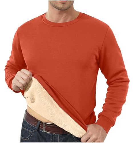 Sweatshirts pour homme UK Pull en polaire à col rond doublé en polaire Sweat thermique Hiver Chaud Sherpa Manches longues Uni Décontracté Travail épais Pelucheux A-orange M