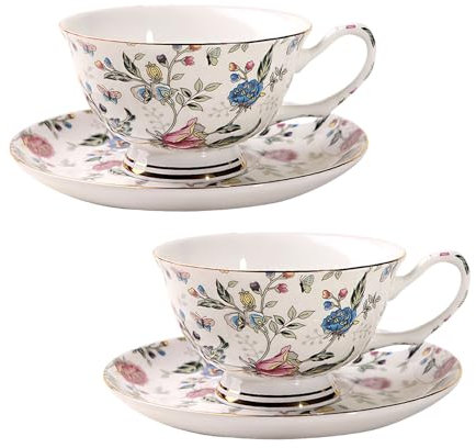 MIATTCLD Porcelain Cappuccino Cup & Saucer Set - 200ml Mug Set of 2 - Bone China Floral Teacup Coffee Cup for Home, Office, and Café - Gift for Mom Friends ﻿