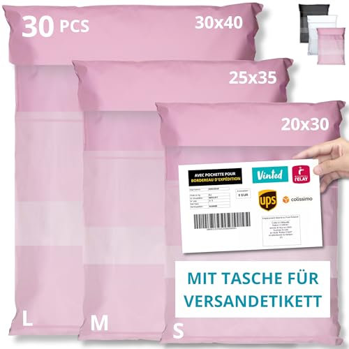 EMBALLAX - 30 Versandtaschen MIT TASCHE FÜR VERSANDETIKETT - 3 Größen S/M/L - WIDERSTANDSFÄHIG/WASSERDICHT - Versandtüten für Kleidung - Warensendung Umschlag für Kartons - Versandbeutel - Danke