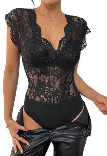 GORGLITTER Dam bodysuit ärmlös spetsbody V-ringad bodysuits vingärmar toppar elegant dambody transparent bodies casual body, svart, S
