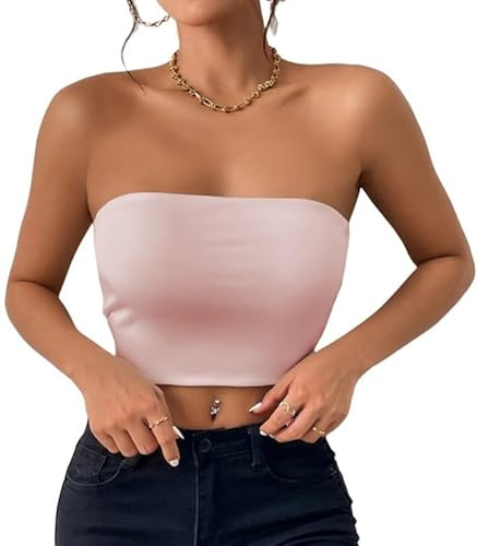 Sukiglam Bandeau topp damer basic ärmlös axellös tubtopp sommar casual slim fit stretchiga axelbandslösa crop toppar Y2k sexig rygglös skjorta dubbelt fodrade toppar, ROSA, XS
