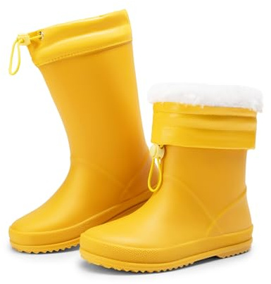 DREAM PAIRS Kids Stivali da Pioggia con Cordoncino Regolabili Stivali da Pioggia in Gomma Leggera Antiscivolo per Ragazzi e Ragazze,Size 32,all Yellow,SDRB2401K