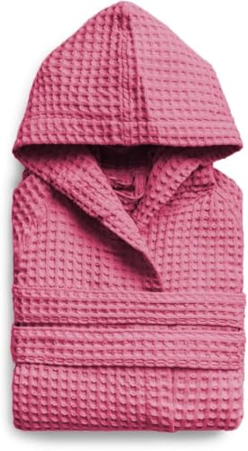 l&j Peignoir de Bain Femmes et Hommes Peignoir à capuche rose en nid d'abeille pour femme 100% coton doux et absorbant avec poches (FR/ES, Numérique, 42, Taille normale, Taille normale, Rose)