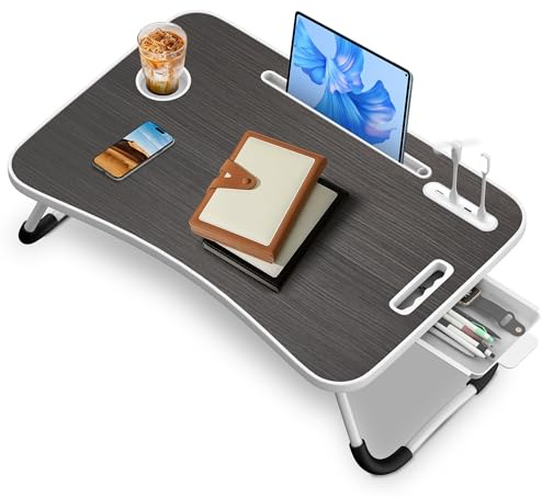 Soontrans Tavolino da Letto, 60 x 40 x 28 cm, Vassoio da Letto con Supporto per Tablet, Cassetto, Portabicchiere, Maniglia, Ventilatore, Tavolo da Letto Pieghevole per Letto, Divano, Pavimento(Nero)