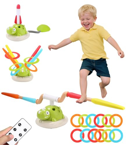 3 en 1 Juegos Exterior Niños, juego de lanzamiento de aros al aire libre para niños, lanzador de cohetes de espuma, máquina de saltar a la comba para niños, juguetes de jardín para niños con música, j