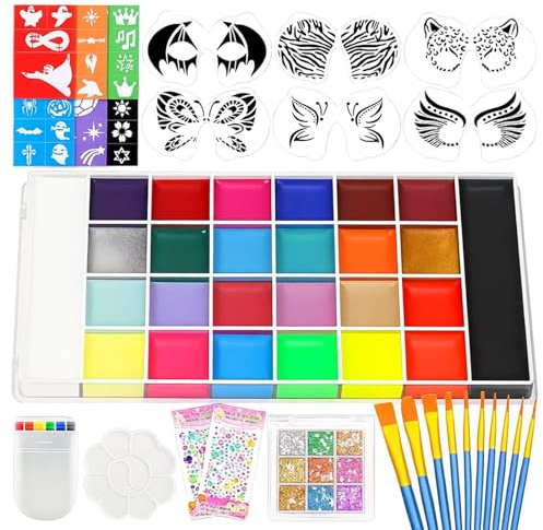 Face and Body Paint Kit, 26-Colour Palette with Brushes and Stencils | Mixing surfaces, sponge applicator, decorative stickers, 9-compartment flake tray, for parties, festivals and fancy dress
