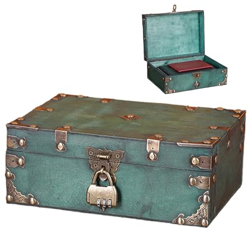 AXVRAV Coffre au trésor vintage en bois avec serrure à combinaison - 24 x 17 x 10 cm - Vintage - Vert - Avec serrure - Pour le rangement - Décoration - Cadeau d'anniversaire d'enfant