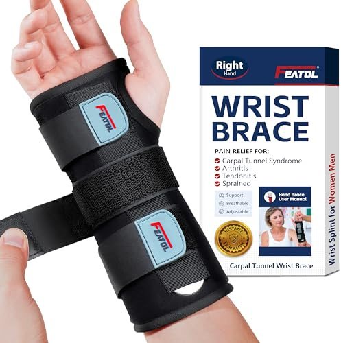 FEATOL Wrist Brace Hand Brace, Carpal Tunnel Wrist Splint Night Support for Women Men, Pain Relief Support -Tendonitis, Arthritis, Sprain, Right Hand, Small/Medium